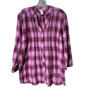 Sundance Pink Plaid Tunic SZ M Pintucks Long Sleeve Button Up Cotton Gauze
